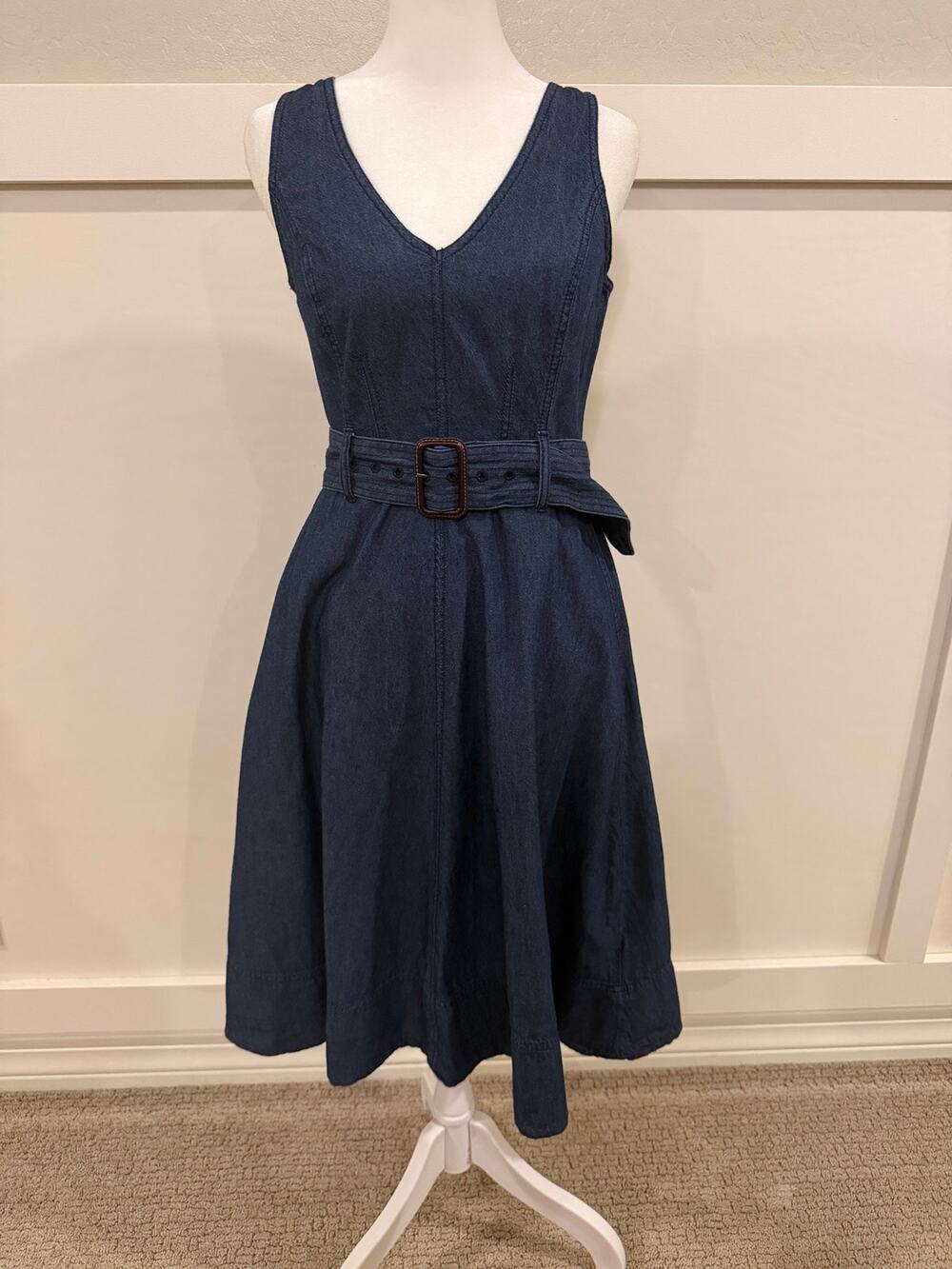 Banana Republic Denim Fit & Flare Midi Dress Belted Blue Size 2